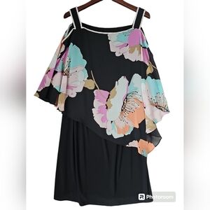 Roz & Ali Black Floral Print Women's Cold Shoulder Rhinestone Trim Dress Size 1X